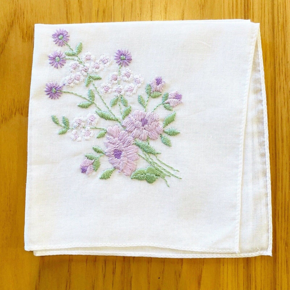 Vintage Handkerchief Hanky Embroidered Purple White Flowers Green Linen 9.75"